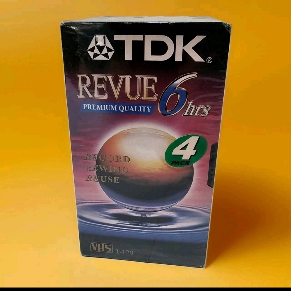 NIP TDK Revue 6 Hour Blank VHS Tapes T-120 4 Pack Brand New Factory Sealed